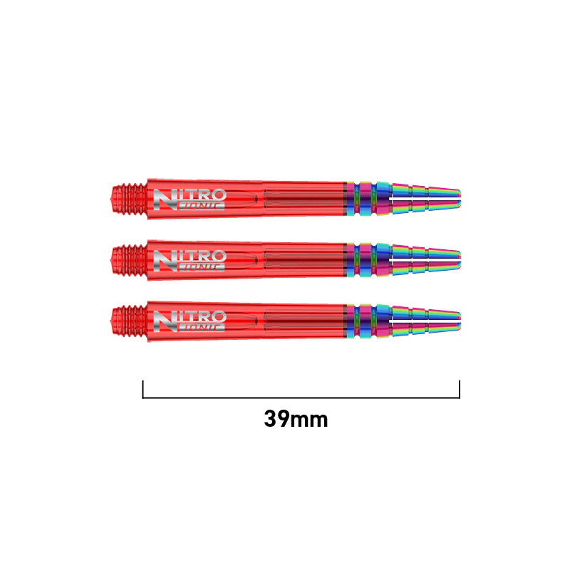 Red Nitro Tech Ionic dart shafts set of 3 shown top-down on white, 39mm length, highlighting PVD finish and barrel detailing