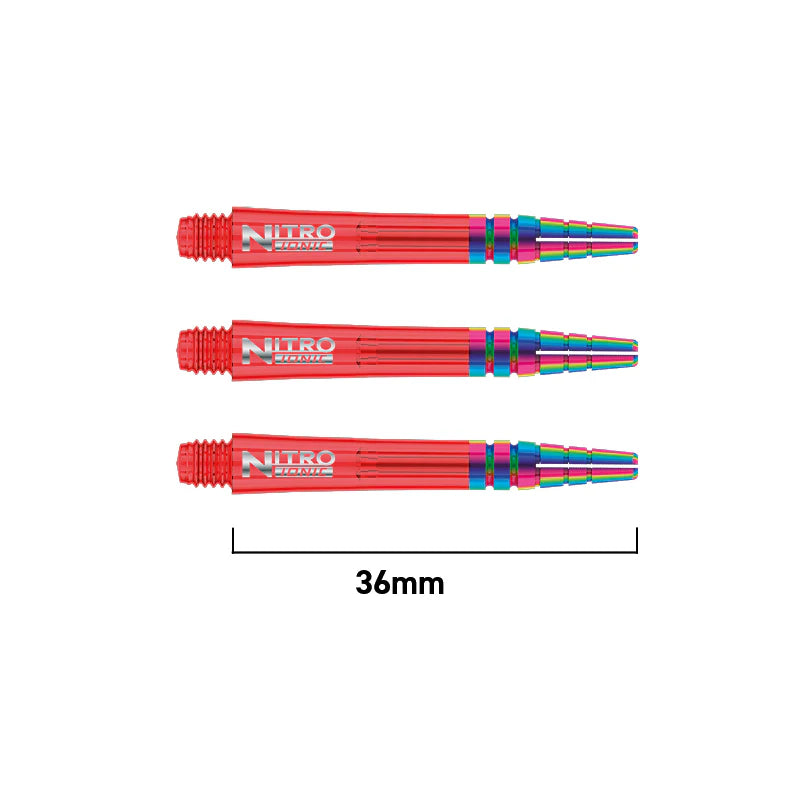 Three 36mm red Nitro Tech Ionic dart shafts with rainbow PVD tips, isolated on white background, side by side for size reference