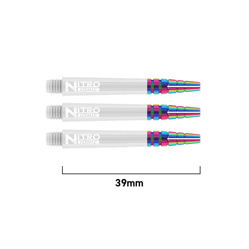 Three Nitro Tech Ionic dart shafts top-down on white, 39mm length shown, highlighting rainbow PVD coated grip and threaded base