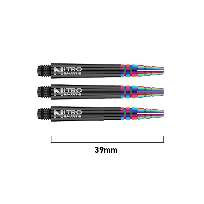 Three Nitro Tech Ionic dart shafts arranged side-by-side, black with rainbow PVD coating, isolated on white with 39mm scale length