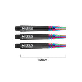 Three Nitro Tech Ionic dart shafts arranged side-by-side, black with rainbow PVD coating, isolated on white with 39mm scale length