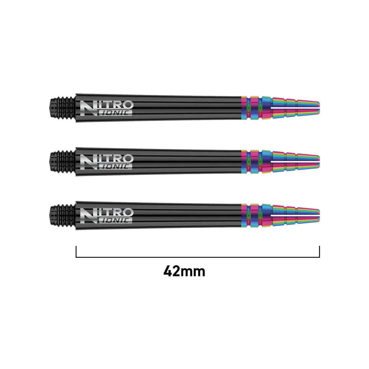 Three Nitro Tech Ionic dart shafts side by side, full view highlighting black finish, rainbow PVD coating, and engraved logo, isolated on white background