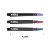 Three Nitro Tech Ionic dart shafts side by side, full view highlighting black finish, rainbow PVD coating, and engraved logo, isolated on white background