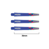 Three blue Nitro Tech Ionic dart shafts displayed side by side on white background, 36mm length indicated, rainbow PVD coating details.