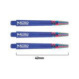Three Nitro Tech Ionic dart shafts 42mm long, blue with multi-color PVD ends, isolated on white with length measurement