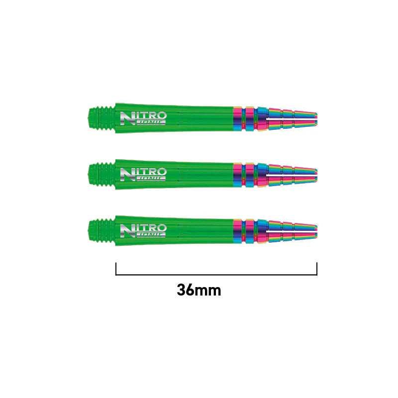 Three green Nitro Tech Ionic dart shafts 36mm long, isolated on white with measurement scale and colored grip rings visible