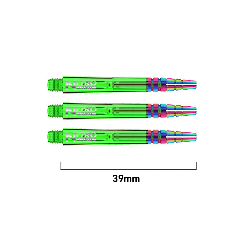 Three green 39mm Nitro Tech Ionic dart shafts arranged side by side with size scale, highlighting PVD coating and threaded tips