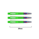 Three green 39mm Nitro Tech Ionic dart shafts arranged side by side with size scale, highlighting PVD coating and threaded tips