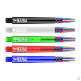 Five Nitro Tech Ionic dart shafts in black, white, green, red, and blue with PVD rainbow rings, isolated on white, showing engraving detail.