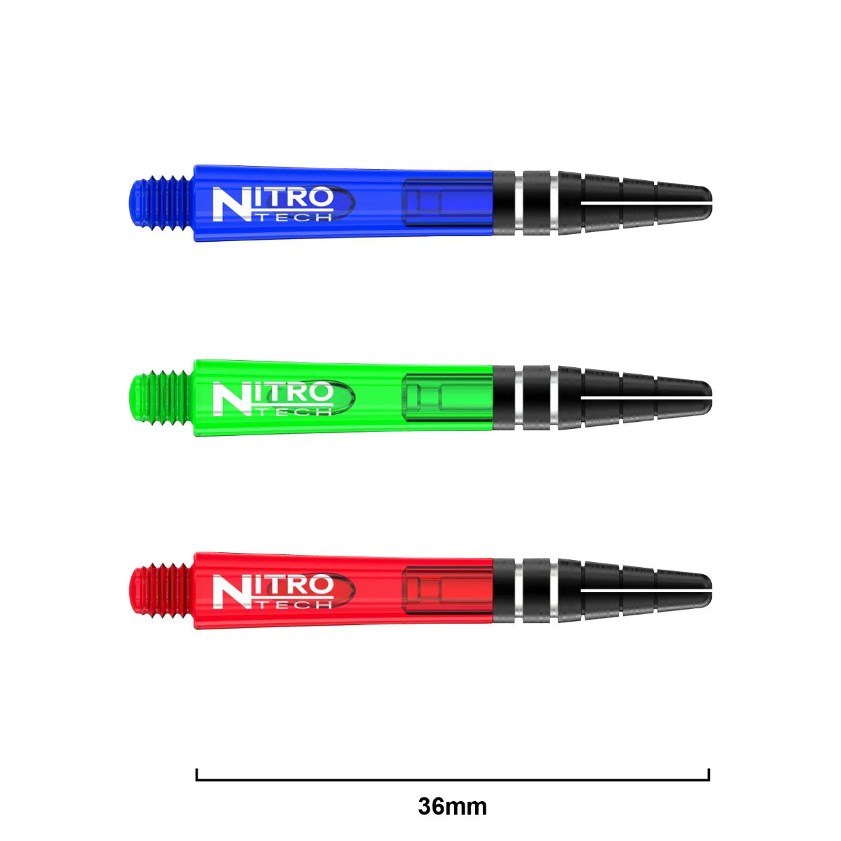 Three colored Nitro Tech dart shafts in blue, green, and red with length scale, side view showing grip rings and threaded tips, isolated on white