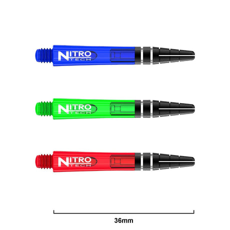 Three colored Nitro Tech dart shafts in blue, green, and red with length scale, side view showing grip rings and threaded tips, isolated on white