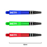 Three colored dart shafts 42mm long, blue green red, nitro tech branding, full view on white, size scale for darts equipment.