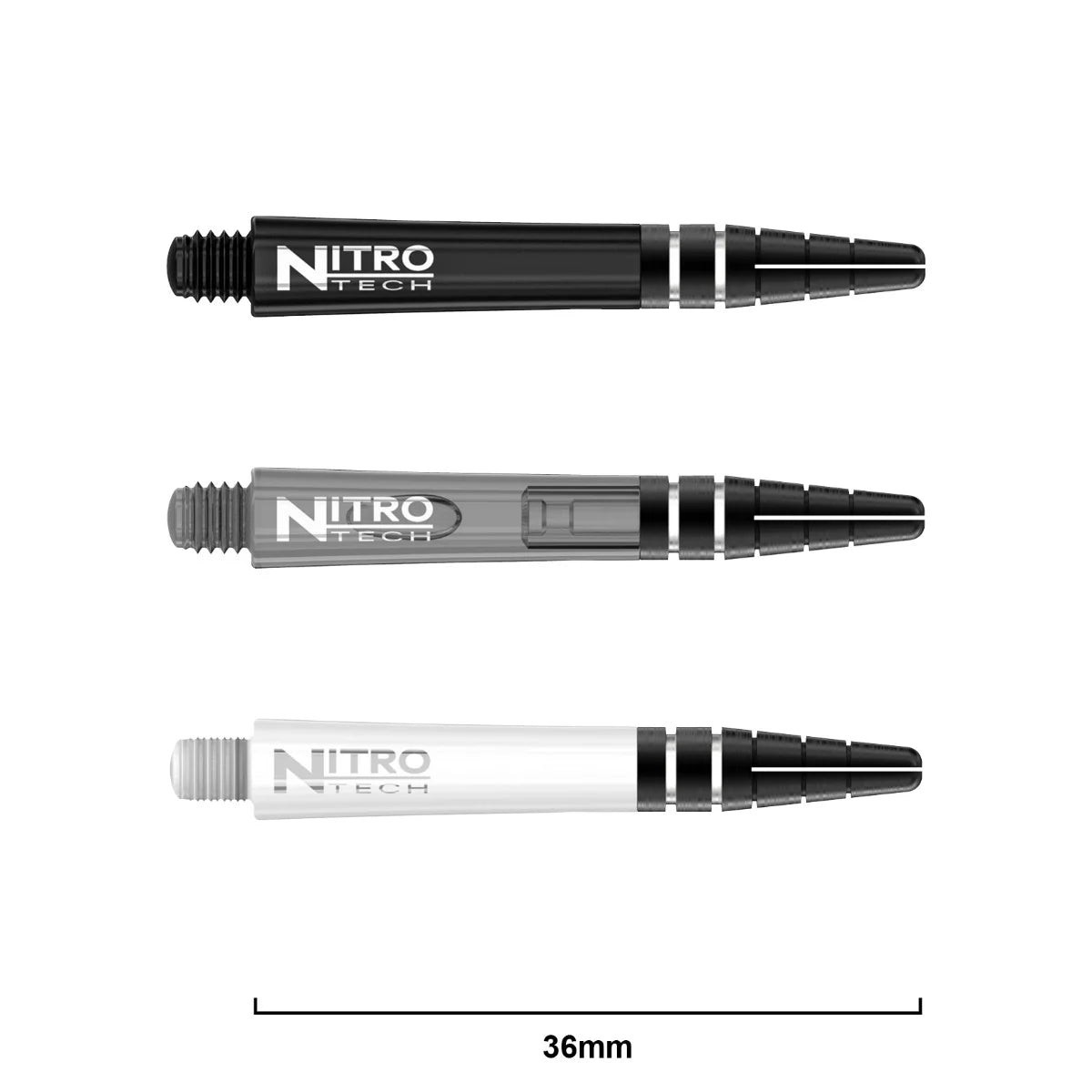 Three Nitro Tech dart shafts in black, grey, and white, side view on white background, showing 36mm length for dart setup comparison
