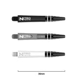 Three Nitro Tech dart shafts in black, grey, and white, side view on white background, showing 36mm length for dart setup comparison