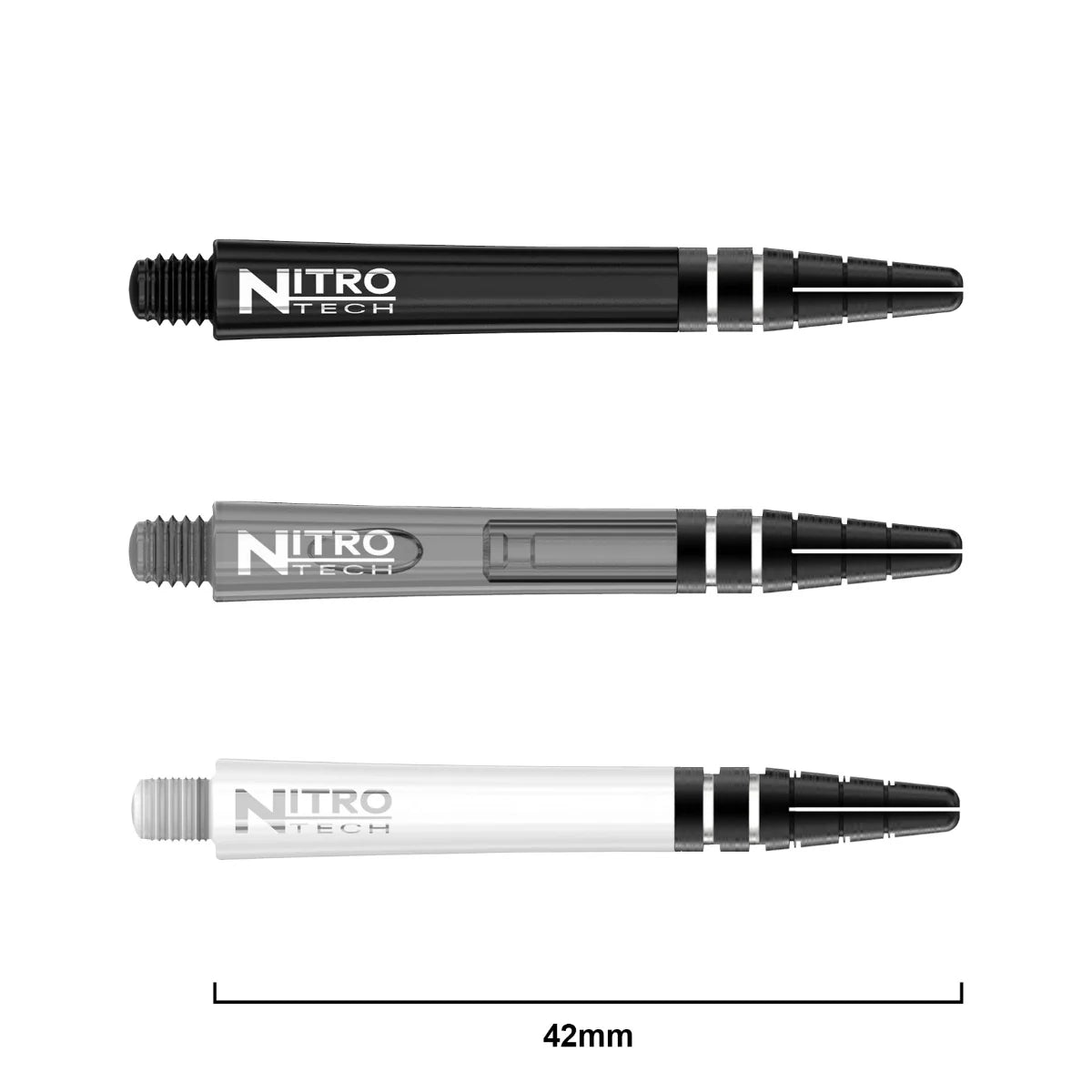 Three Nitro Tech dart shafts in black, grey, and white, side by side with 42mm measurement, highlighting barrel grip design.
