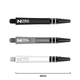 Three Nitro Tech dart shafts in black, grey, and white, side by side with 42mm measurement, highlighting barrel grip design.