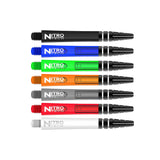 Set of seven colored dart shafts arranged horizontally on white background, highlighting Nitro Tech branding and dimpled grip texture