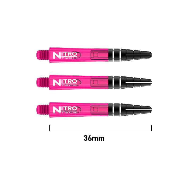Three pink dart shafts arranged horizontally on white background, 36mm length shown, transparent design with black barrel connectors