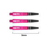 Three pink dart shafts arranged horizontally on white background, 36mm length shown, transparent design with black barrel connectors