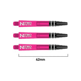 Three pink Nitro Tech dart shafts aligned side by side on white background with 42mm measurement for size reference