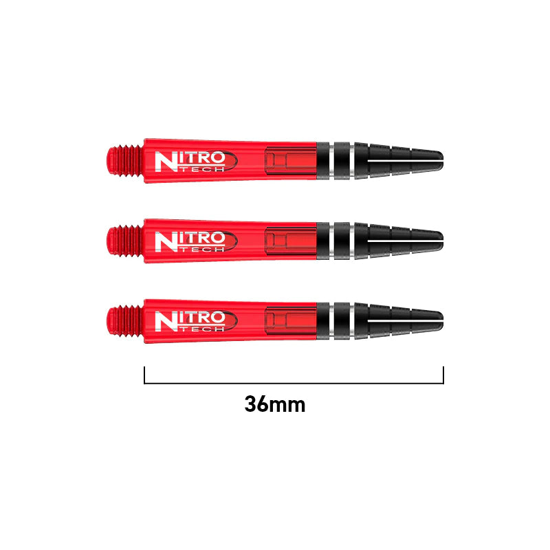 Three red Nitro Tech dart shafts 36mm long, aligned side by side on white background, highlighting translucent design and black grip.