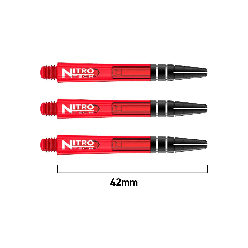Three red Nitro Tech dart shafts aligned side by side on white background, 42mm length shown for size reference