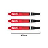 Three red Nitro Tech dart shafts aligned side by side on white background, 42mm length shown for size reference