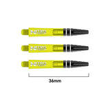 Three transparent yellow dart shafts, top-down view, 36mm length scale, black grip section, Nitro Tech, for dart players