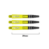 Three transparent yellow dart shafts side by side on white background, 39mm length shown, featuring visible grip and thread detail