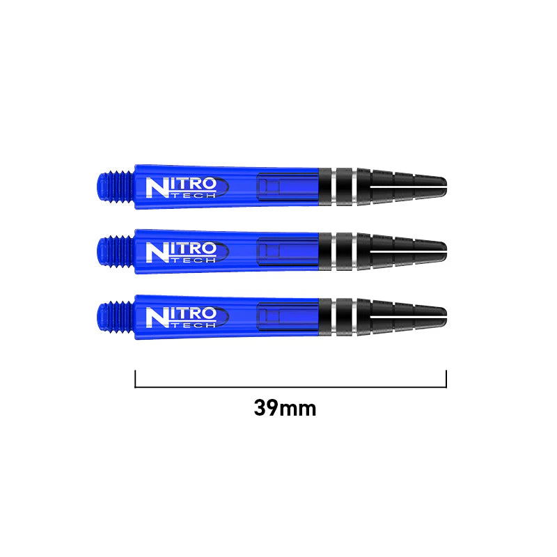 Three blue Nitro Tech dart shafts aligned top-down on white background, 39mm length shown, highlighting transparent body and black grip detail