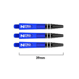 Three blue Nitro Tech dart shafts aligned top-down on white background, 39mm length shown, highlighting transparent body and black grip detail