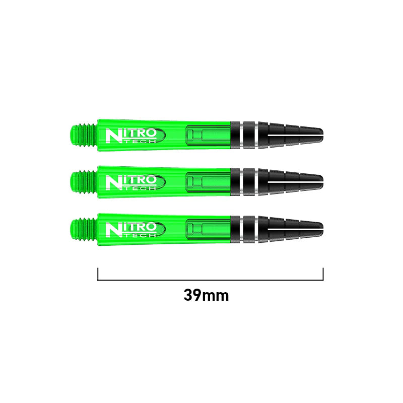Three green Nitro Tech dart shafts aligned on white background with 39mm length indicator, highlighting transparent barrel and black grip