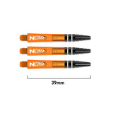 Three orange Nitro Tech dart shafts top-down on white background, 39mm length shown, featuring transparent design and black grip section.