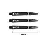 Three black Nitro Tech dart shafts aligned horizontally on white background, 36mm length shown, highlighting barrel design and size for darts buyers