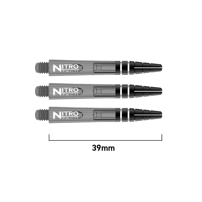 Set of three transparent Nitro Tech dart shafts, 39mm length, aligned horizontally with grip rings and threaded bases, isolated on white