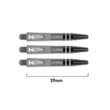 Set of three transparent Nitro Tech dart shafts, 39mm length, aligned horizontally with grip rings and threaded bases, isolated on white