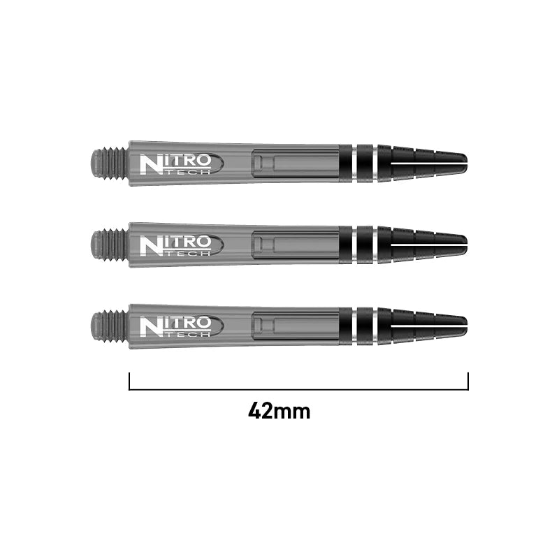 Three 42mm dart shafts aligned on white background with clear length scale, featuring transparent barrel and black grip rings for darts setup