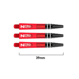 Three red Nitro Tech dart shafts top-down, aligned on white background, 39mm length scale, transparent barrels and black grip detail visible