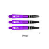 Three purple Nitro Tech dart shafts aligned side by side, 39mm length shown, transparent design with black grip zones