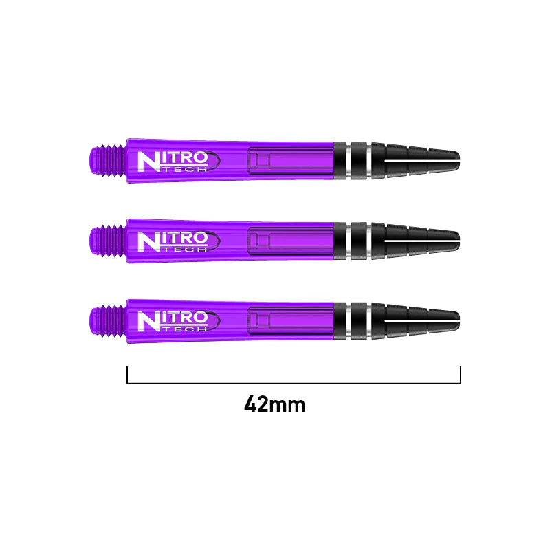 Three purple transparent dart shafts aligned side by side, 42mm length shown with scale, ideal for dart players seeking accurate shaft sizing