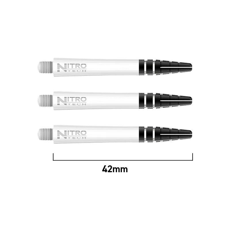 Three transparent Nitro Tech dart shafts aligned with 42mm length scale, showing threaded ends and black grip detail