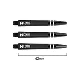 Set of three black Nitro Tech dart shafts arranged top-down, isolated on white with 42mm length scale for size reference, showing threaded tips.