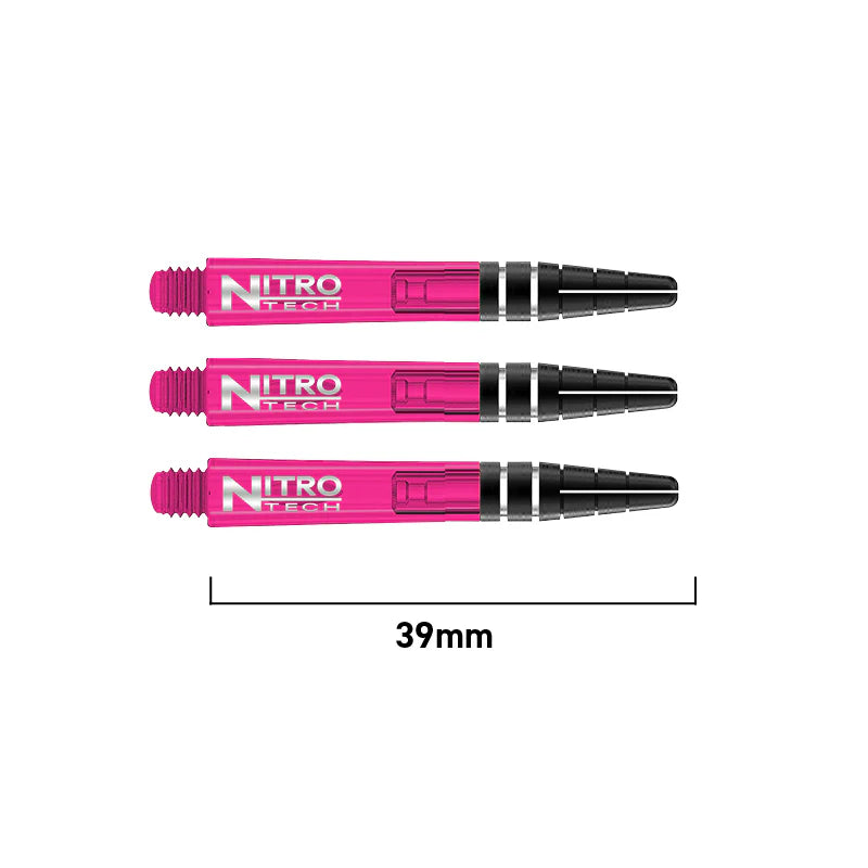 Three pink Nitro Tech dart shafts 39mm long, top-down view, isolated on white, showing threaded ends and grip section detail