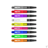 Eight Nitro Tech dart shafts in assorted colors arranged side by side on white background highlighting transparent polycarbonate design