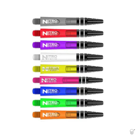 Eight Nitro Tech dart shafts in assorted colors arranged side by side on white background highlighting transparent polycarbonate design