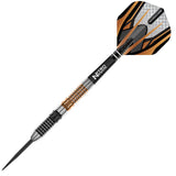 Full tungsten dart isolated on white, highlighting knurled barrel grip, black steel tip, and orange patterned flight design