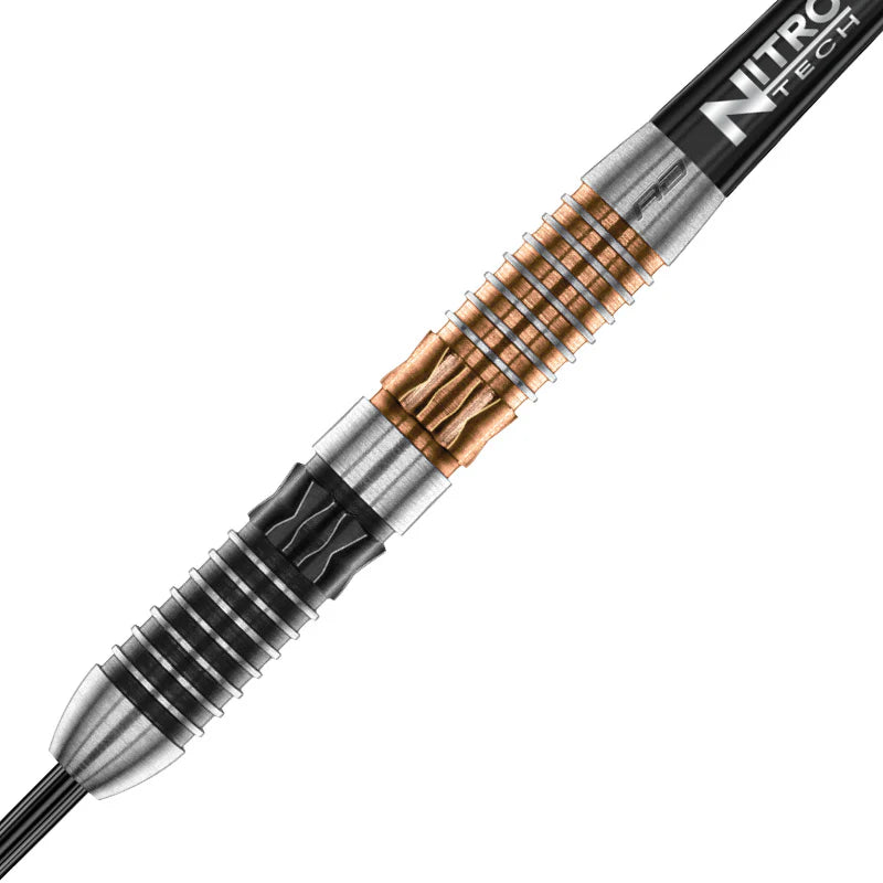 Close-up of tungsten dart barrel with dual-color precision grip and detailed texture, ideal for steel tip dart equipment buyers