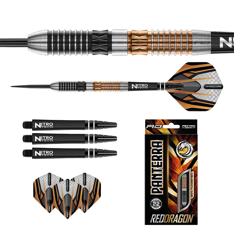 Top-down view of Panterra 90% tungsten dart with textured barrel, spare NitroTech shafts, flights, and retail packaging on white background
