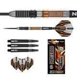 Top-down view of Panterra 90% tungsten dart with textured barrel, spare NitroTech shafts, flights, and retail packaging on white background