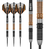 Three 90% tungsten darts with nitro tech shafts and orange-black flights, plus close-up highlighting barrel grip and coated rings